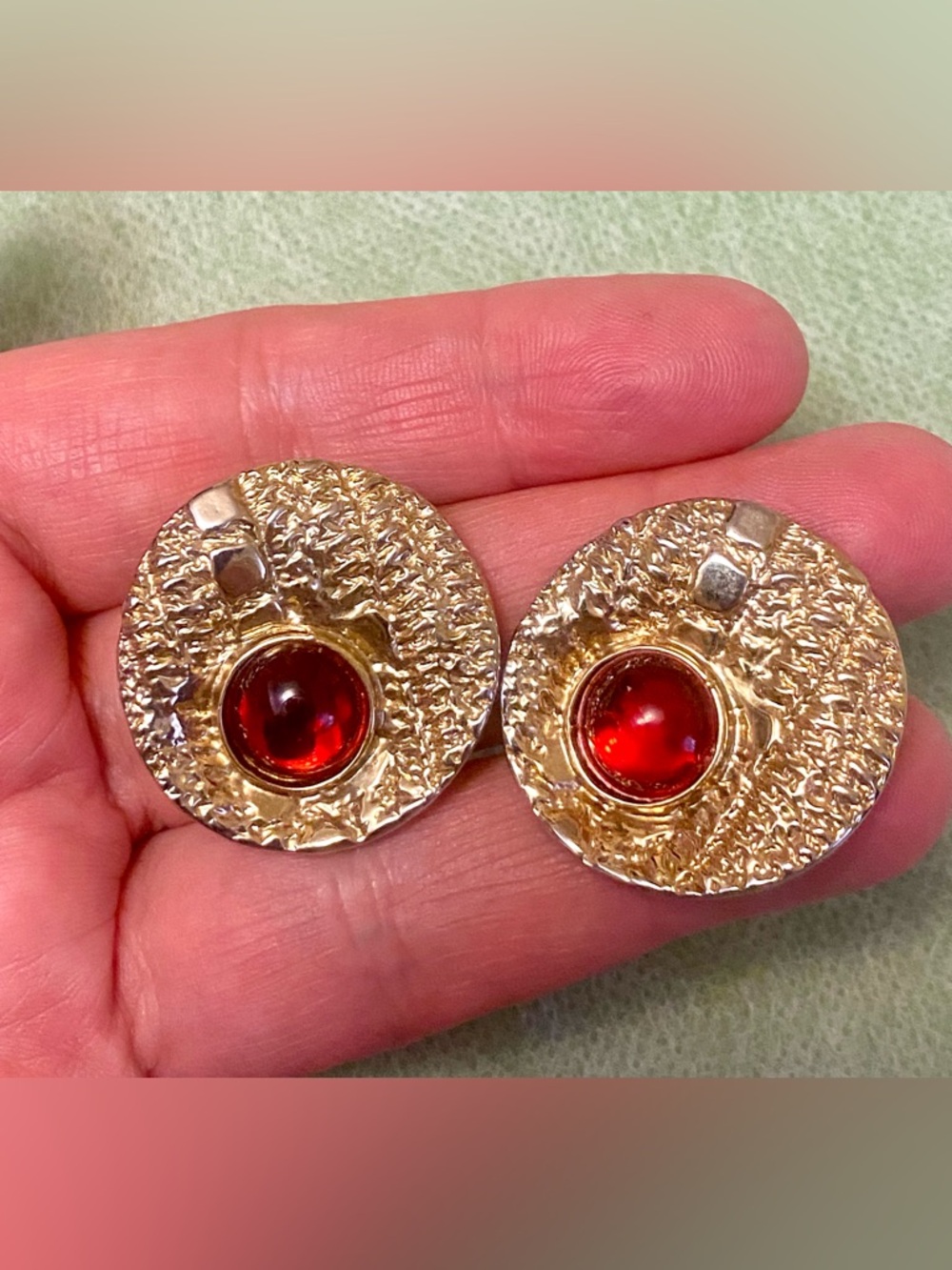 Gold-Tone Round Earrings with Red Cabochon Center. Vintage jewelry